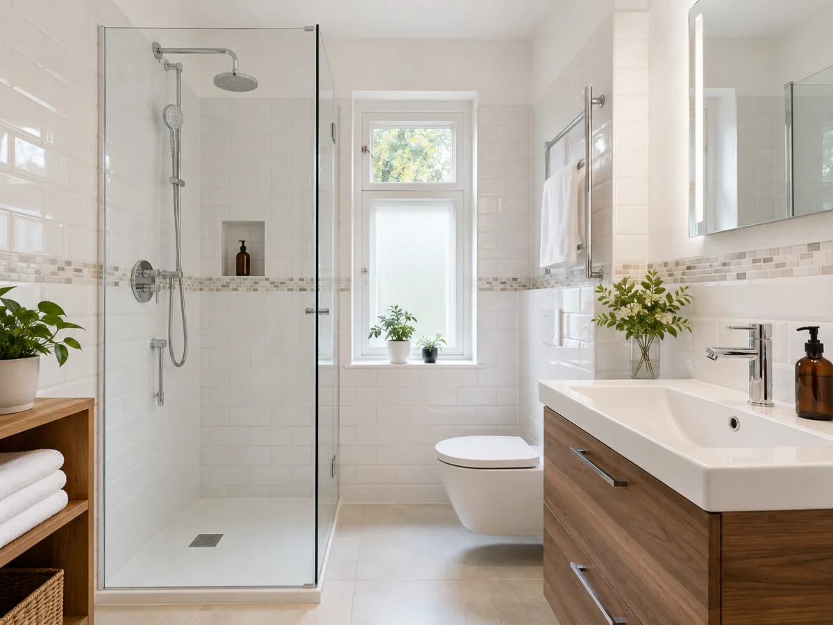 Sauberes Wiener Badezimmer mit Glasdusche
