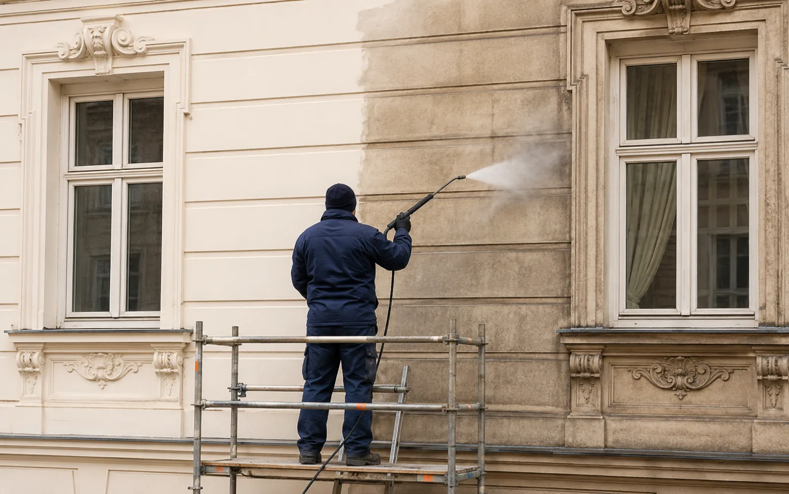 Wiener Altbau-Fassade bei der professionellen Reinigung mit Niederdruck-Verfahren